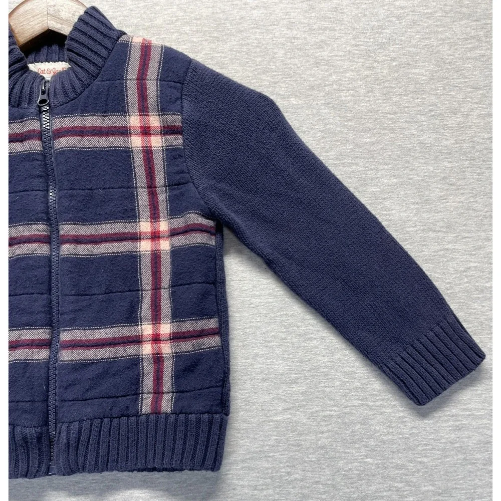 Cat & Jack Sweater Jacket Boys 4T Navy Blue Plaid Preppy Mock Neck Full Zip